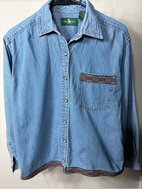 Vintage Hunt Club 90s Western Aztec Geometric Denim Shirt Blue Cotton Women’s M